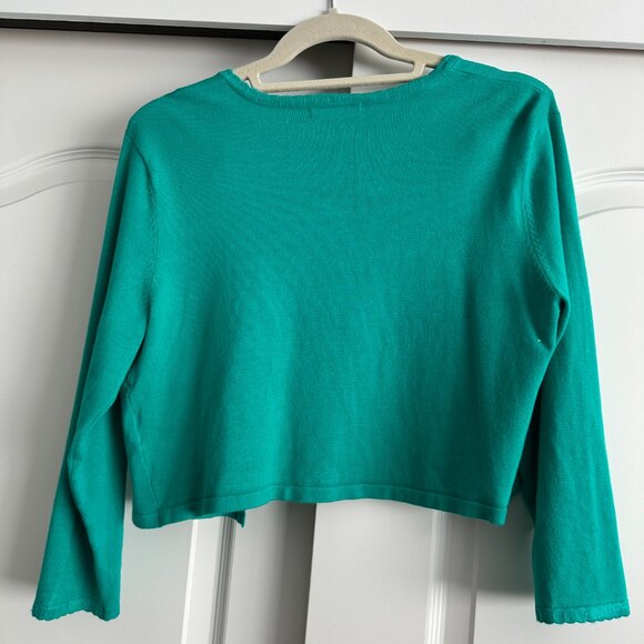 Eva Mendes jade green shrug open front cardigan w/scallop trim | Size M - Picture 2 of 9